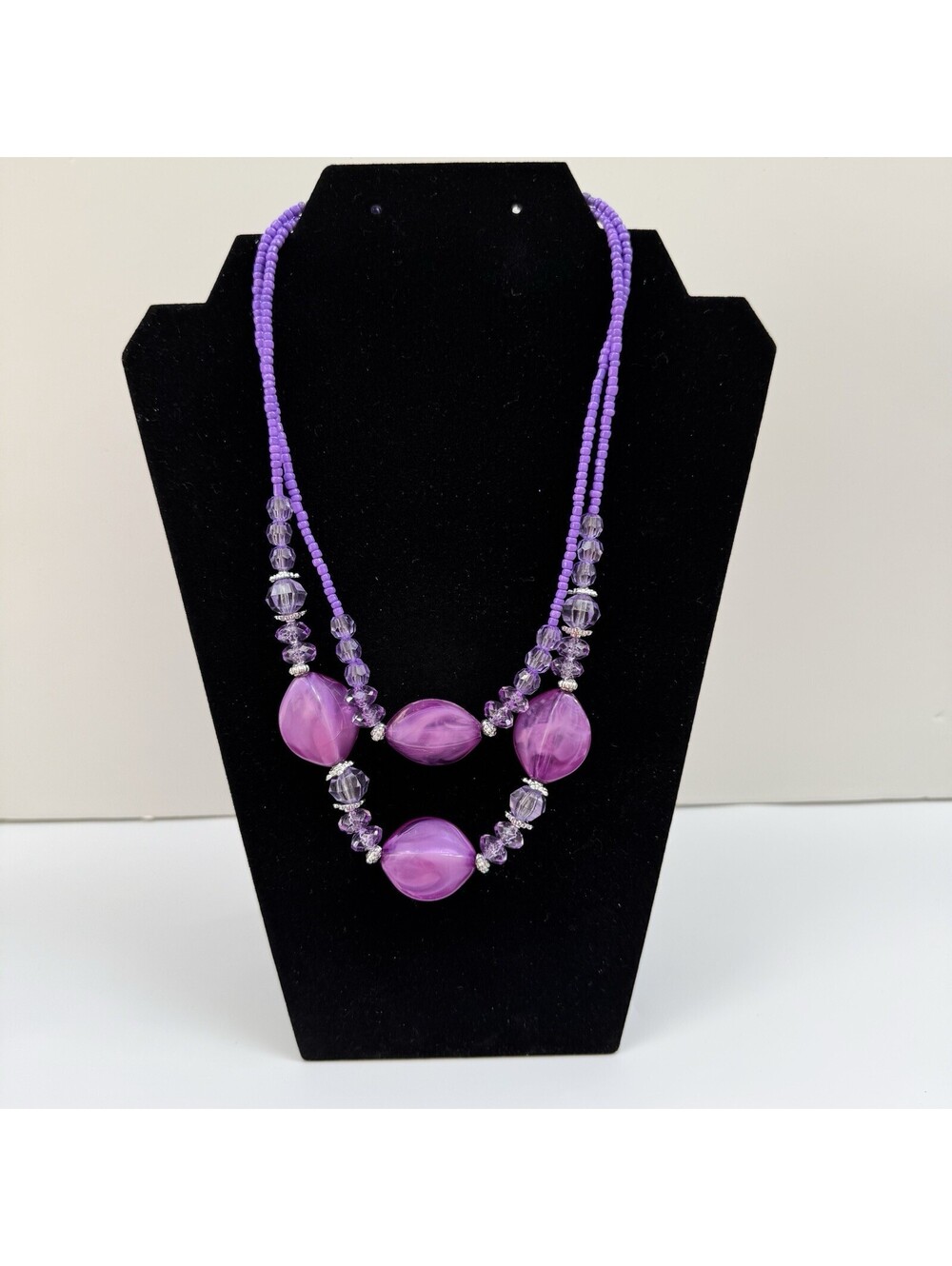 Retro Purple Layered Statement Necklace Large Focal Acrylic Beads, 18 Inch
